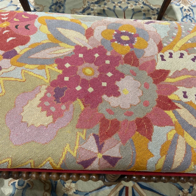 Early 20th Century Antique English Bench Bobbin Turned Legs With Needle Point and Velvet Upholstery For Sale - Image 5 of 7