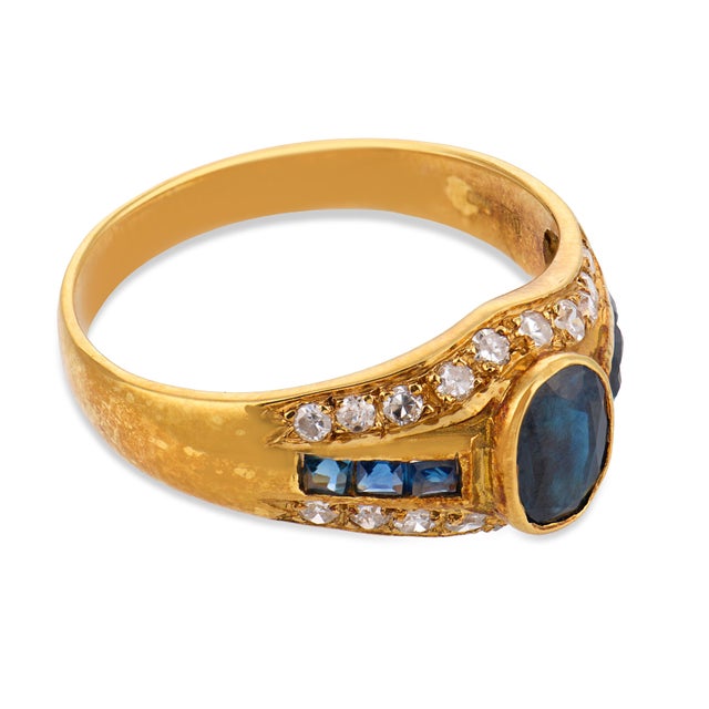 Vintage Sapphire Diamond 18k Yellow Gold Ring, Size 5.25 For Sale - Image 4 of 6