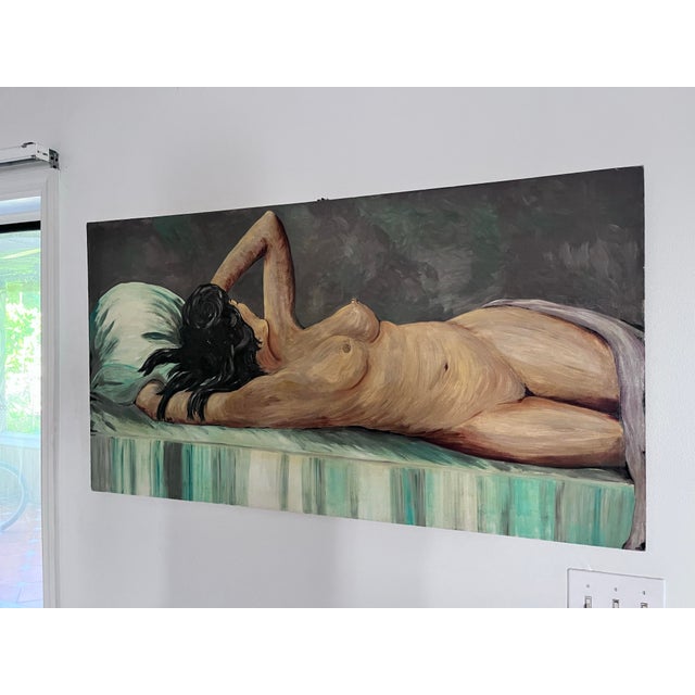 Textile Large Mid-Century Modern Reclining Nude Oil Painting, Circa 1950s For Sale - Image 7 of 12