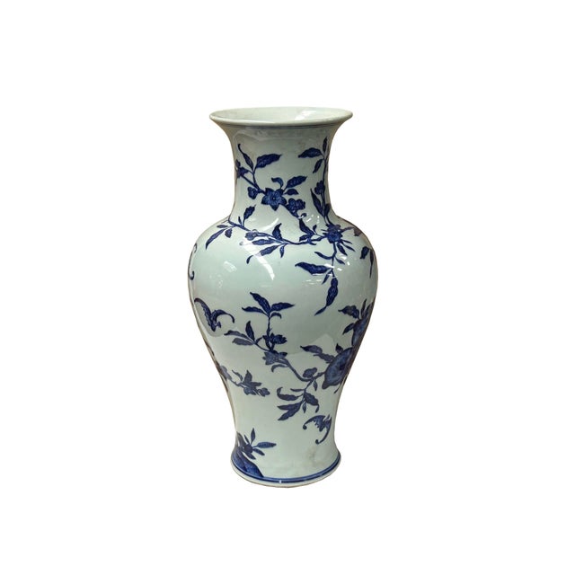 Vintage Chinese Blue White Fruits Flowers Graphic Porcelain Art Vase For Sale - Image 4 of 13