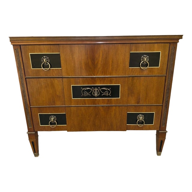 Mid 20th Century John Widdicomb Neoclassical Marble Top Chest With Lion Head Brass Pulls For Sale