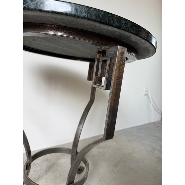 Vintage Art Deco Style Hand-Wrought Iron & Green Marble Side Table With Greek Key Motifs For Sale - Image 12 of 12