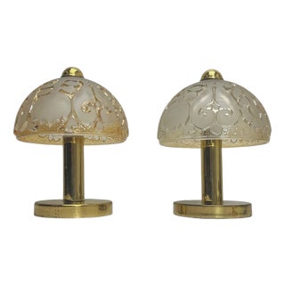 Brass and Relief Glass Mushroom Table Lamps from Peill & Putzler, 1970s, Set of 2 For Sale