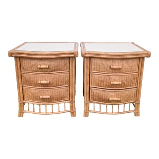 Vintage Natural Wicker Baker Style Glass Top 3 Drawer Night Stands- a Pair For Sale