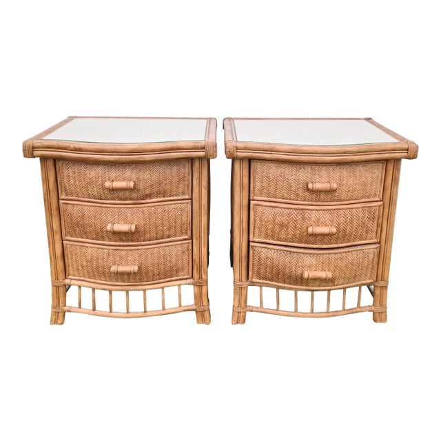Vintage Natural Wicker Baker Style Glass Top 3 Drawer Night Stands- a Pair For Sale