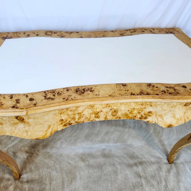 The House of Scalamandre Final Clearance Thru 2025 Burlwood Luxury Italian Writing Desk of Late 20th Century With Scalamandre Leaping Leopard Liner For Sale - Image 4 of 18