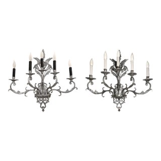Vintage Large Five-Branch Nickel-Brass Ornate Wall Sconces - a Pair For Sale