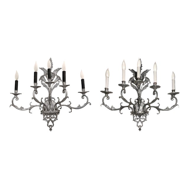 Vintage Large Five-Branch Nickel-Brass Ornate Wall Sconces - a Pair For Sale