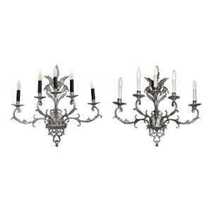 Vintage Large Five-Branch Nickel-Brass Ornate Wall Sconces - a Pair