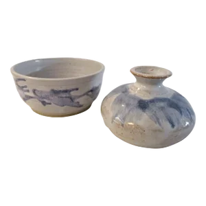 Vintage Studio Art Sea Blue Abstract Pottery Vase & Bowl, a Pair