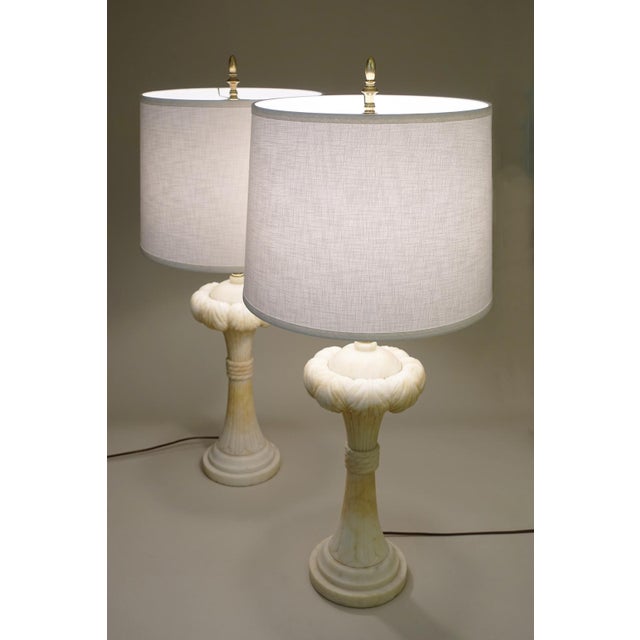 1940s Dorothy Draper Hollywood Regency Modern Solid Marble Palm Column Table Lamps - a Pair For Sale - Image 9 of 11