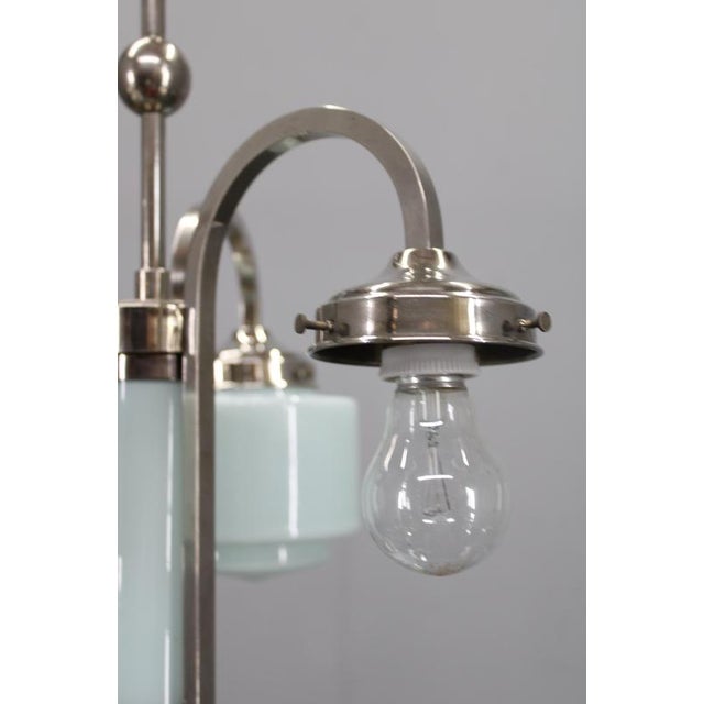 Art Deco Nickel Pendant Light with Cylindrical Light Opaline Shades, Czechoslovakia, 1930s For Sale - Image 13 of 15