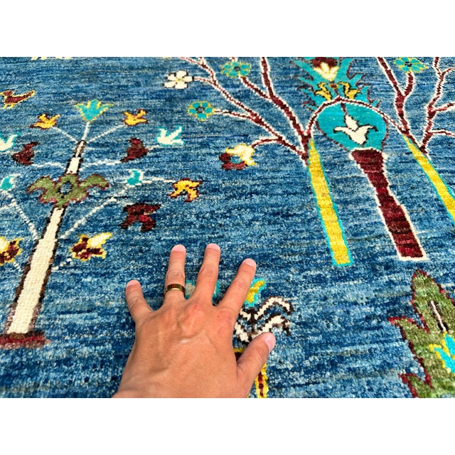 Blue Afghan Pictorial Tree of Life Hand-Knotted Wool Rug - 7'10" X 5'9" For Sale - Image 9 of 11