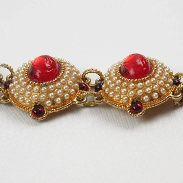 Chantal Thomass Paris Jeweled Link Bracelet Pearl and Red Cabochons For Sale - Image 4 of 7