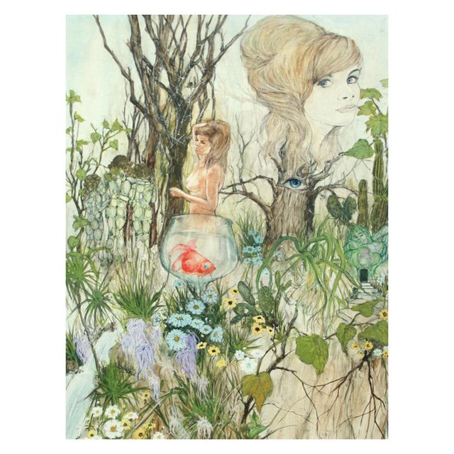 Unique painting of a nude study standing in front of a goldfish in the forest surrounded by flowers, plants, and a...