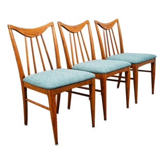 Mid Century Modern Dining Chairs Set 3 Solid Oak Keller Furniture Aqua Blue MCM For Sale
