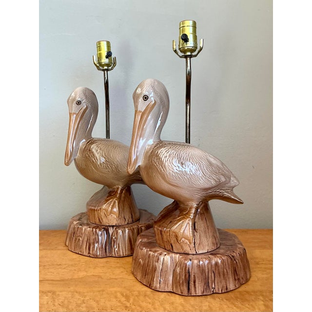 Late 20th Century Vintage Glazed Ceramic Pelican Lamps - A Pair For Sale - Image 5 of 12