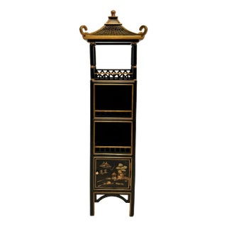 Chinoiserie Pagoda Shaped Black Lacquered Lattice Etagere For Sale