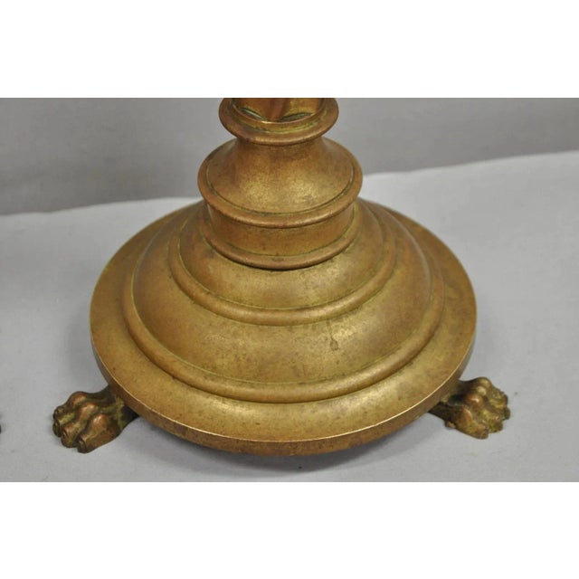 Antique English Renaissance Gothic Patinated Brass Candlestick Table Lamps Pair For Sale - Image 11 of 12