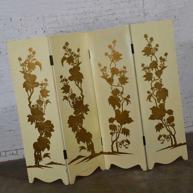Stunning Hollywood Regency, Art Deco, or Boho Chic four panel folding screen comprised of off-white painted finished wood,...