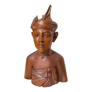 1930s Carved Balinese Indonesian Bali Woman Lady Bust Wood Carving Sculpture For Sale