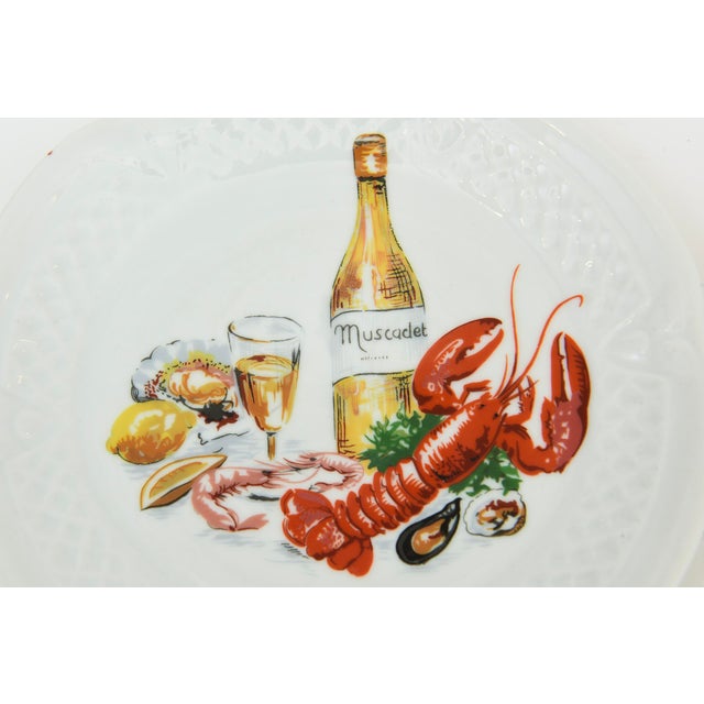 Ceramic Vintage French Coastal Porcelain Appetizer Plates of Lobster, Wine, Cheese by Lourioux, Set of 6, 1950's For Sale - Image 7 of 12