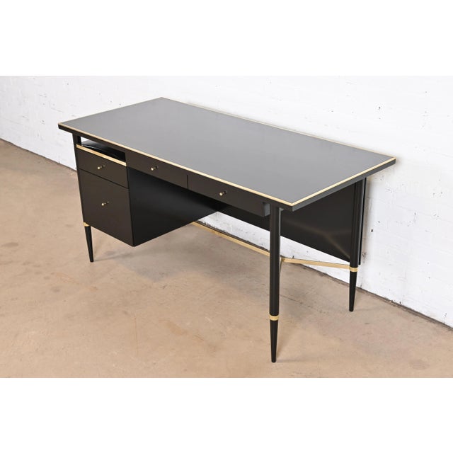 Mid-Century Modern Paul McCobb Connoisseur Collection Black Lacquer and Brass Desk, Newly Refinished For Sale - Image 3 of 13