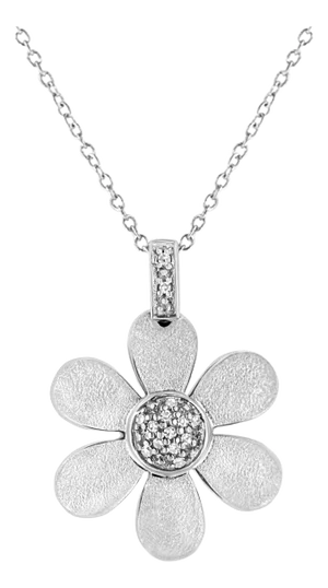 .925 Sterling Silver Pave-Set Diamond Accent Flower 18" Pendant Necklace (I-J Color, I1-I2 Clarity)