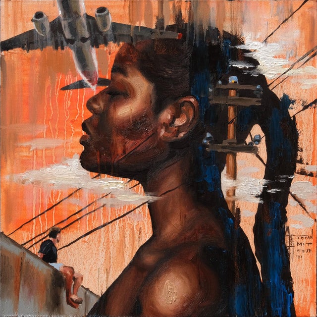 Early 21st Century Faulty Wiring by Stefan Smit | Oil on Artefex Panel Portrait of a woman with industrial elements. For Sale - Image 5 of 5