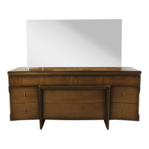 Mid Century Modern 9 Drawer Lowboy Dresser With Sled Legs and Large Mirror