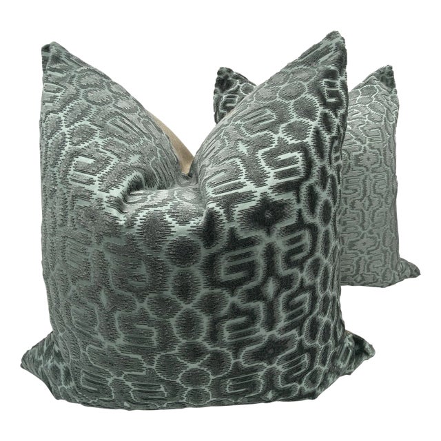 Fabricut Laberinto Blue Green Velvet Pillows- a Pair For Sale