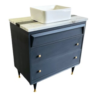 32" Mid-Century Modern Charcoal Bathroom Vanity With Vessel Sink For Sale
