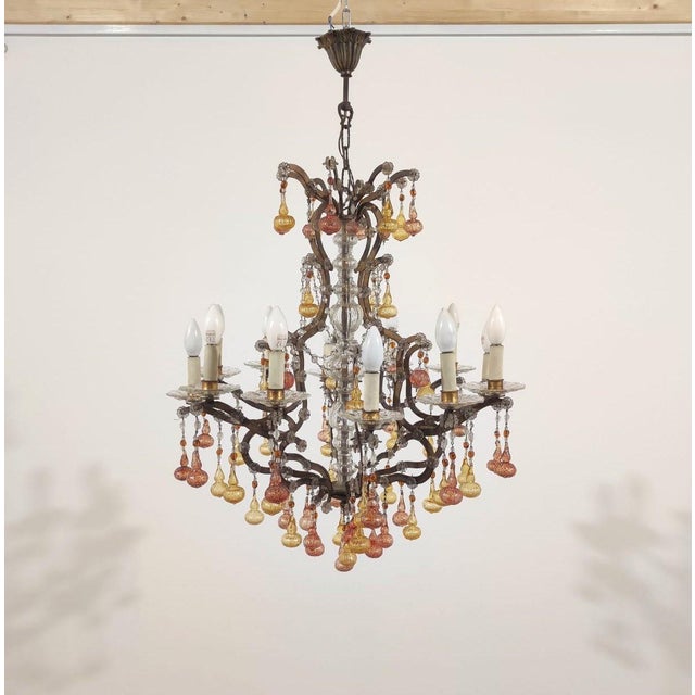 Mid-Century Modern Twelve-Light Chandelier with Blown Glass Pendants attributed to Banci Firenze, 1950s For Sale - Image 3 of 11