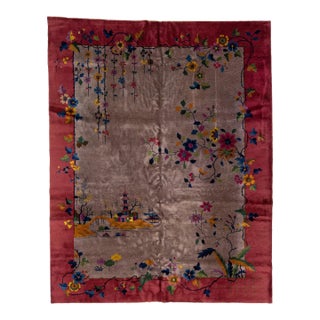 1920s Antique Art Deco Brown and Red Chinese Handmade Wool Rug For Sale