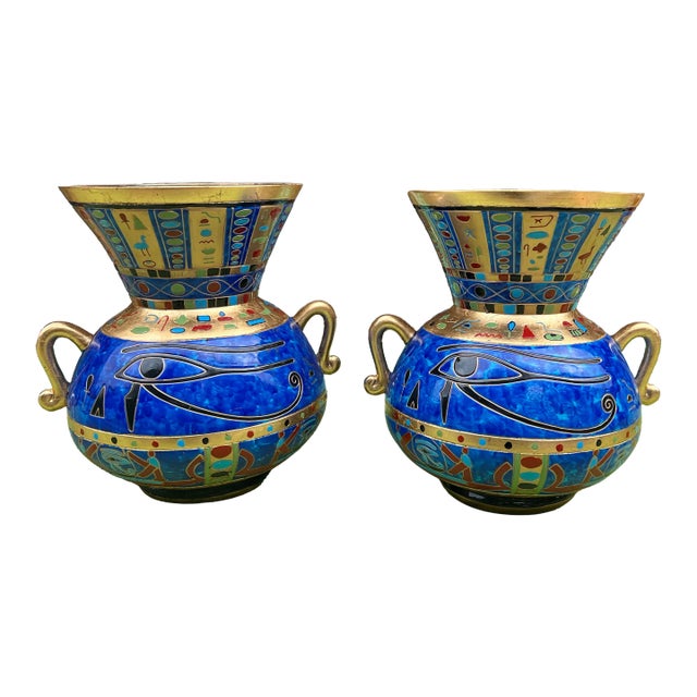 Pair of 1970s Egyptian Blue and Gold Vases For Sale