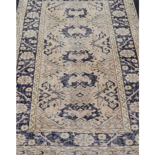 Measures: 3'9 x 5'6 Vintage Turkish Oushak Rug with Beige and Navy Blue Accents 3'9 x 5'6. Keivan Woven Arts / Rug...
