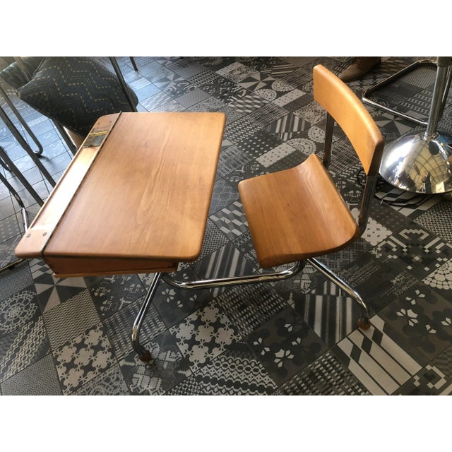 Industrial Beech Wood School Table, Czechoslavakia, 1940s For Sale - Image 3 of 14