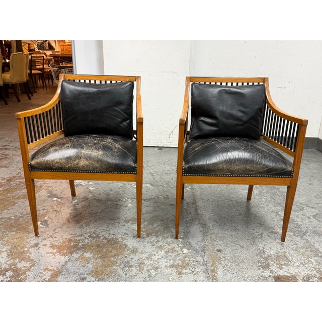 Biedermeier Circa 1835 Austrian Biedermeier Cherry Wood + Leather Arm Chairs, Pair For Sale - Image 3 of 12