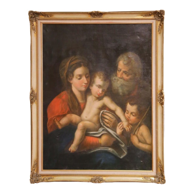 19th C. Italian Oil Painting of Holy Family With Saint John in Giltwood Frame For Sale