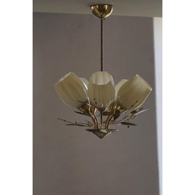 Mid-Century Modern Five-Light Ceiling Lamp with Opaline Glass Shades from Itsu, Finland, 1940s For Sale - Image 11 of 16