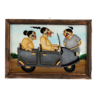 Framed Punakawan Reverse Glass Painting Petruk, Gareng and Bajong in Car For Sale
