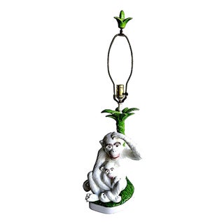 Vintage Italian Majolica Monkeys With Palm Tree Table Lamp For Sale