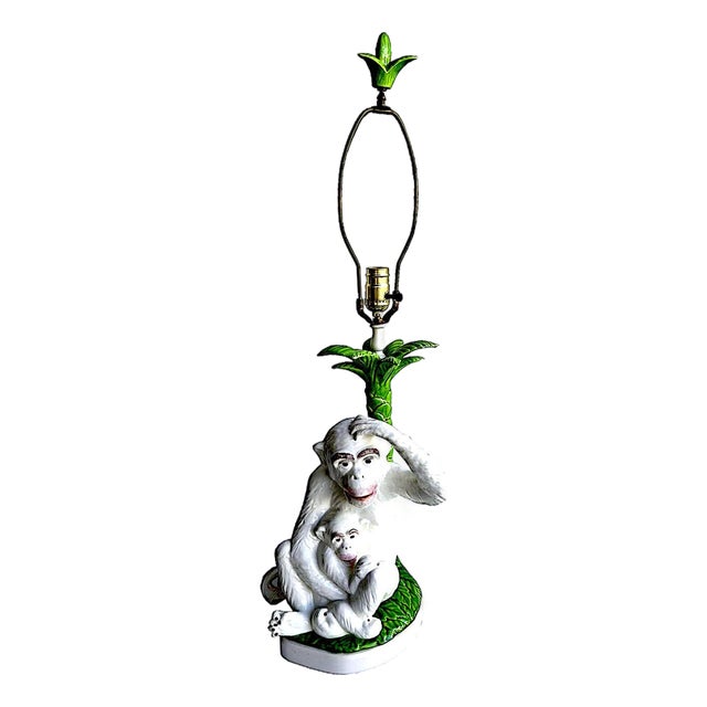 Vintage Italian Majolica Monkeys With Palm Tree Table Lamp For Sale