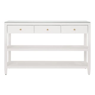 Matthew Izzo Home Briar Textured White Linen Three Drawer Console Table With Brass Knobs For Sale