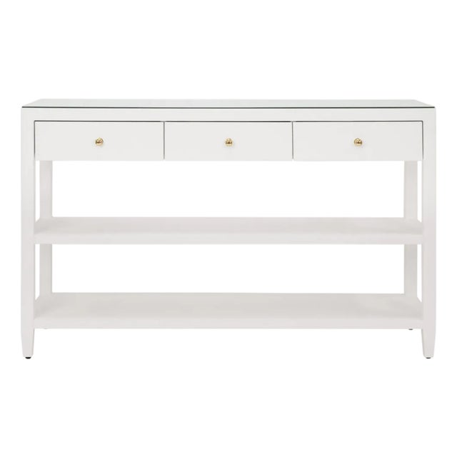 Matthew Izzo Home Briar Textured White Linen Three Drawer Console Table With Brass Knobs For Sale