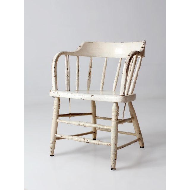 Antique White Painted Windsor Captain's Chair With Spindle Back For Sale - Image 6 of 16