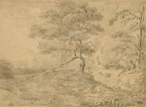Alexander Monro after Gainsborough, Wooded River with Angler, 1832, Graphite Drawing
