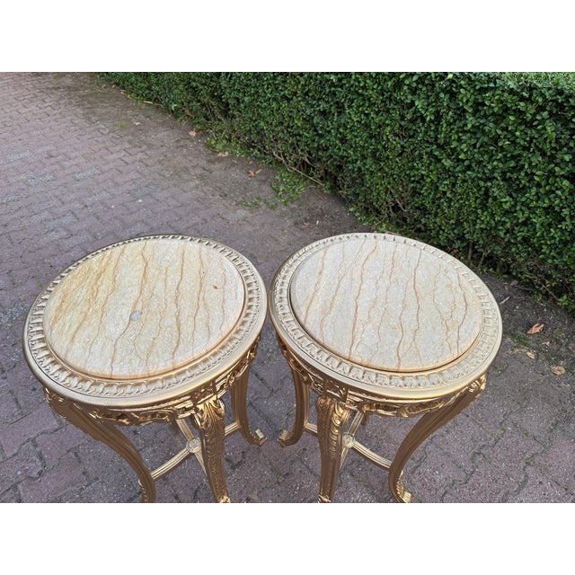 1970s Artisan Louis XVI Gold Beech Marble Tables-Pair For Sale - Image 6 of 18
