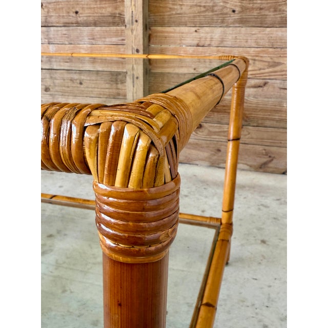 Wood Pair of Mid-20th Century Refinished Two-Tier Rattan Side Tables With Glass Shelves For Sale - Image 7 of 12