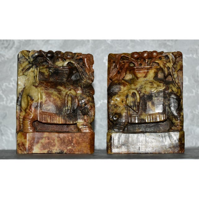Chinese Vintage Chinese Carved Soapstone Book Ends W/Elephant Details For Sale - Image 3 of 11